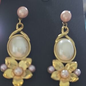 Vintage Gold and Pink Floral Pearl Drop Earrings